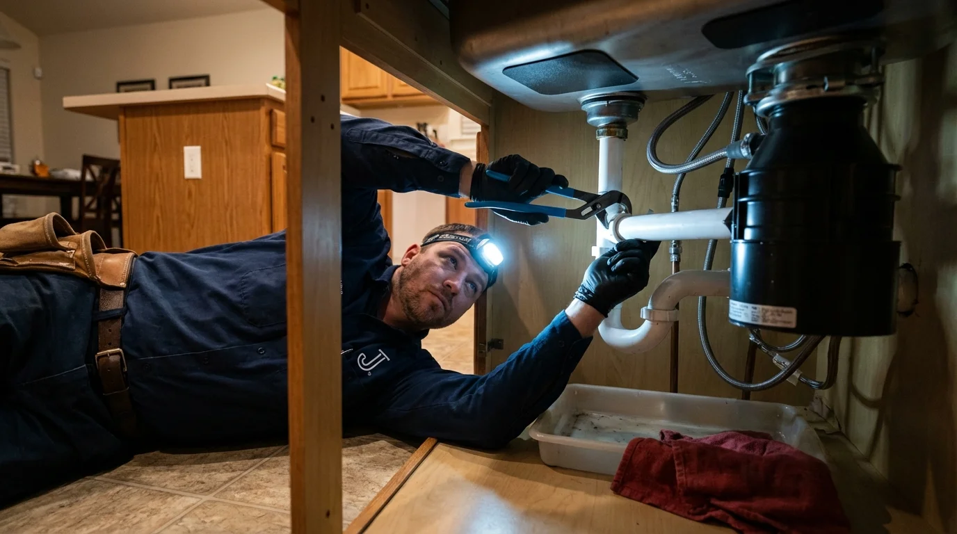 P-trap and supply line connections under a kitchen sink showing a common leak point in Colfax, CA